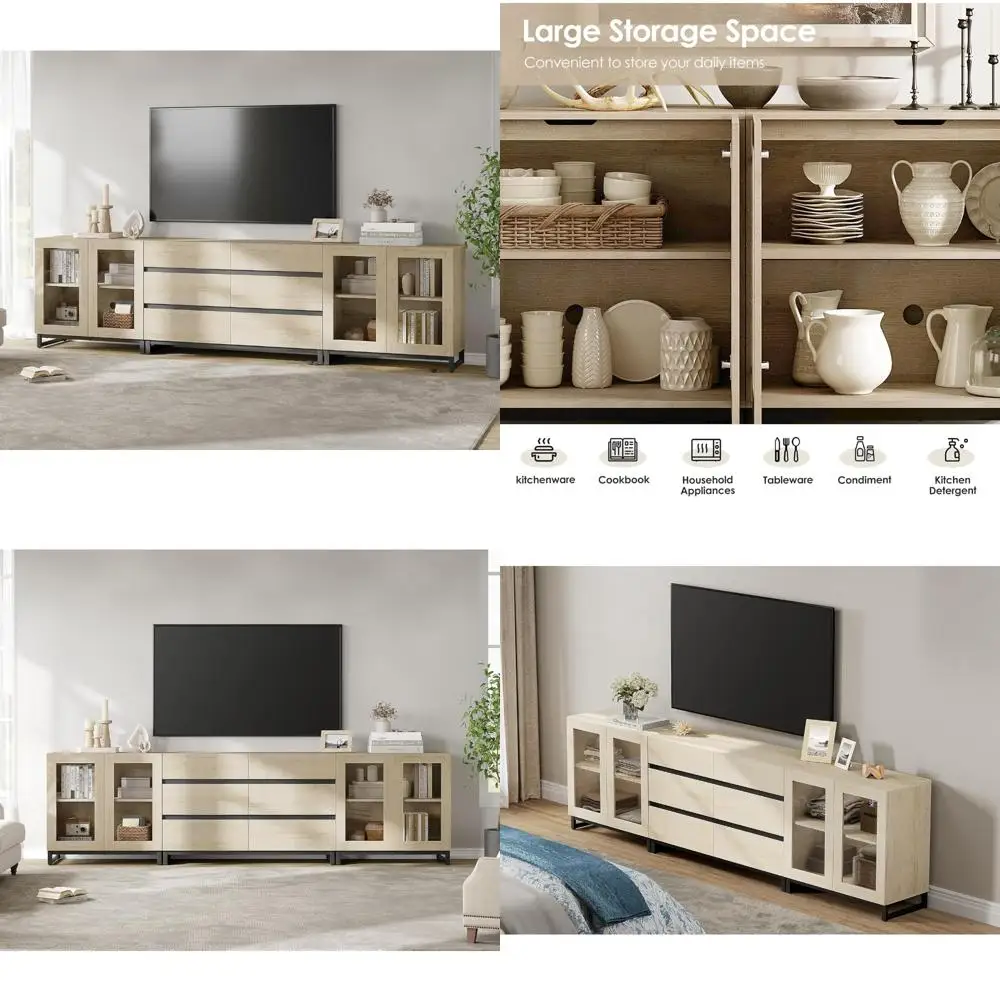 

3-in-1 TV Stand for 120 Inch TVs: Modern Entertainment Center with Glass Doors, Adjustable Shelf, and 6 Drawers