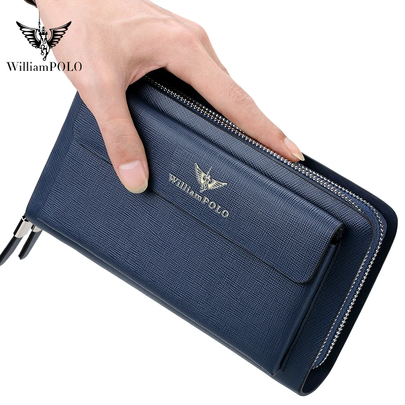 WILLIAMPOLO 고급 남성용 가죽 클러치 백 대용량 롱 지갑 고품질 소 가죽 클러치 지갑 패션 핸드 백
