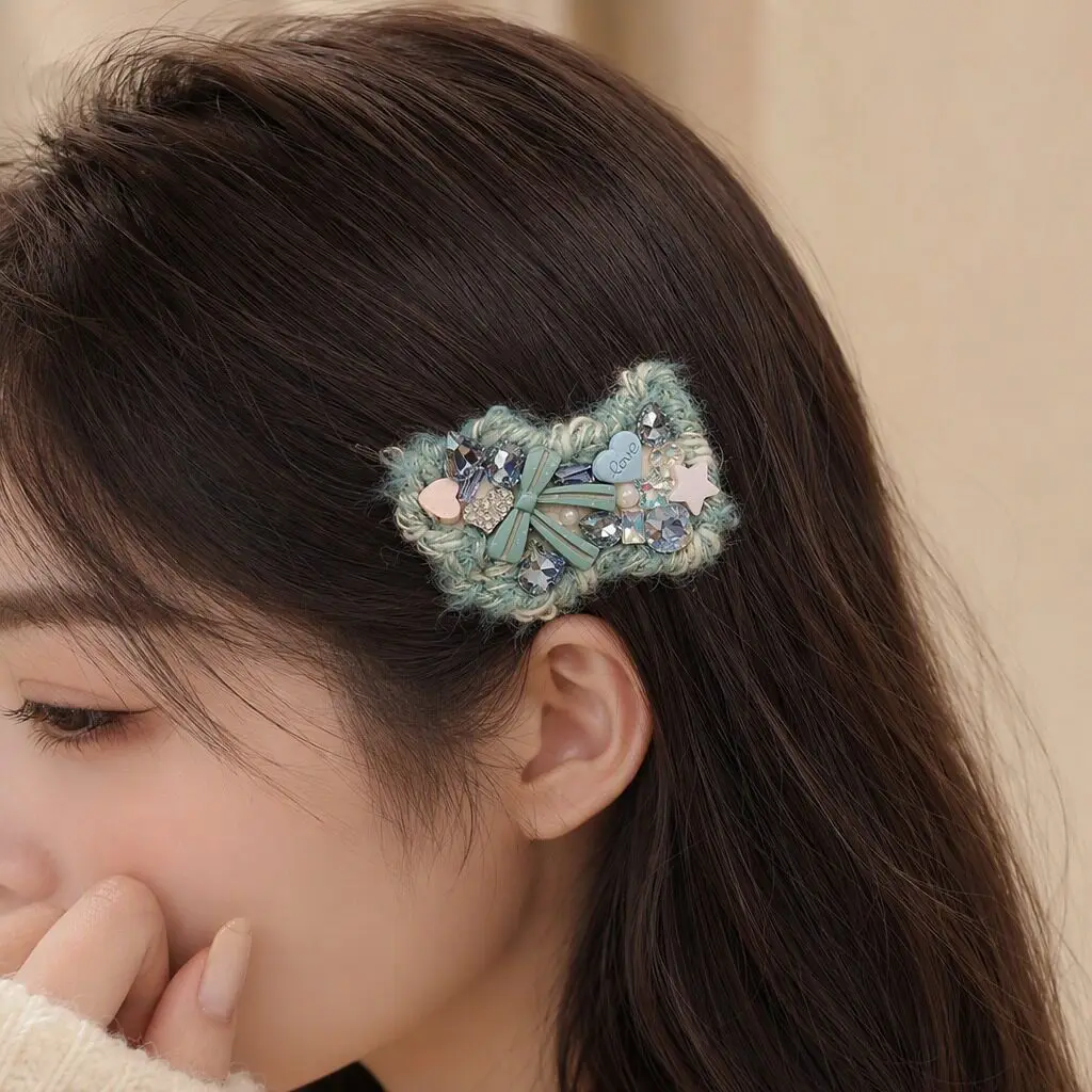 Creativity Blue Yarn Crystal Puppy Hair Clip,Personality Soft Cute Side Bangs Barrette,Kawayii Delicate Broken Hair Pin for Girl
