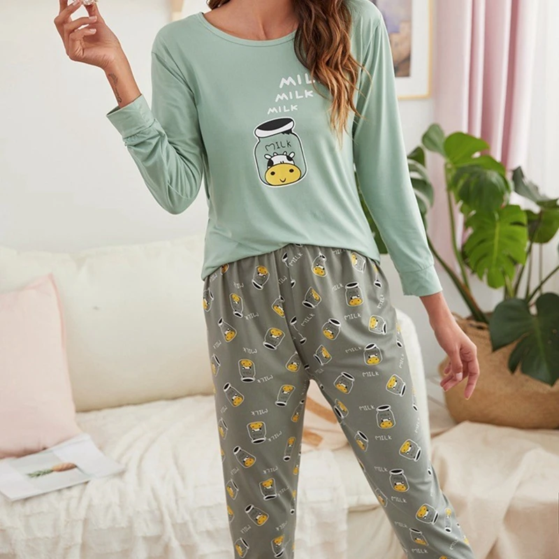 Green Milk Cow Women Pajamas Sets Autumn Winter Long Sleeves Long Pants Casual Sleepwear Cozy Pyjamas Soft Pijamas Girl Pjs Cute