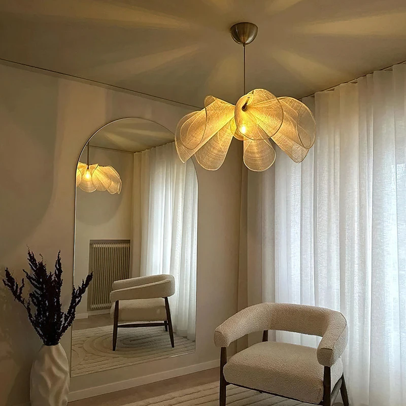Nordic Vintage Wabi Sabi Fabric Chandelier Living Dining Room Bedroom Bar Pendant Lamp Home Decor Lighting Hanging Light Fixture