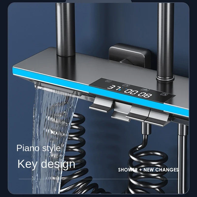 Imagem -02 - Sistema de Chuveiro Termostático do Banheiro Torneira Misturadora de Banheira de Latão Conjunto de Chuveiro com Display Digital Chave de Piano Chuveiro de Chuva Conjunto Completo