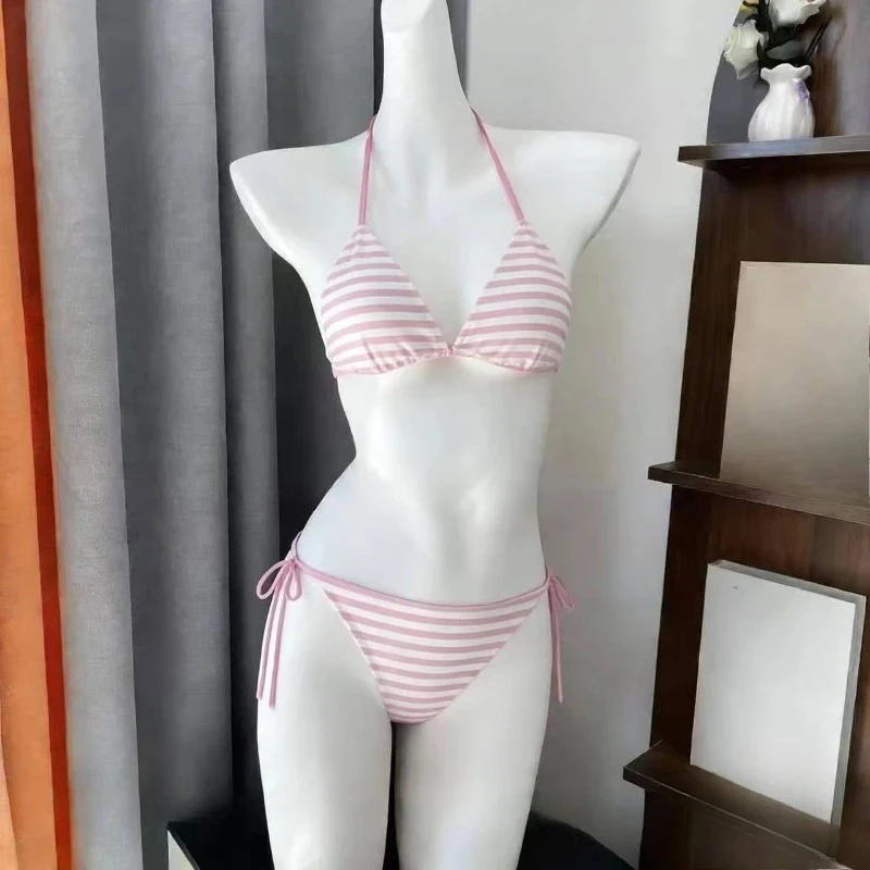 

Y2K Style Striped Bikini Set Halter Tie Two Piece Swimsuit Ruffle Edge Fashion Beachwear Summer Holiday Swimwear Woman