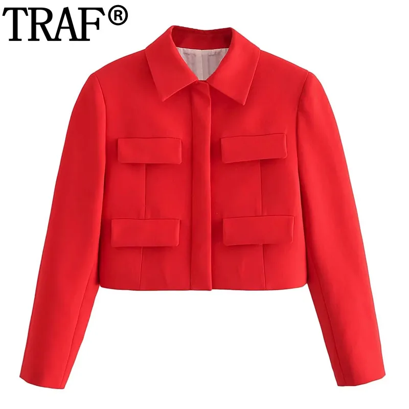 TRAF-Veste Courte à Manches sulfpour Femme, Blazer Rouge Élégant à la Mode, Nouvelle Collection