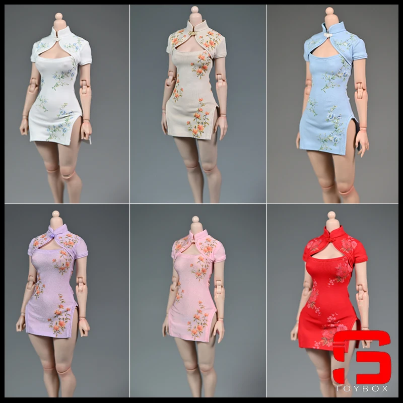 In Stock 1/6 Female Printed Cheongsam Short Dress Clothes Model Fit 12'' TBL PH Worldbox Female Soldier Action Figure Body Dolls