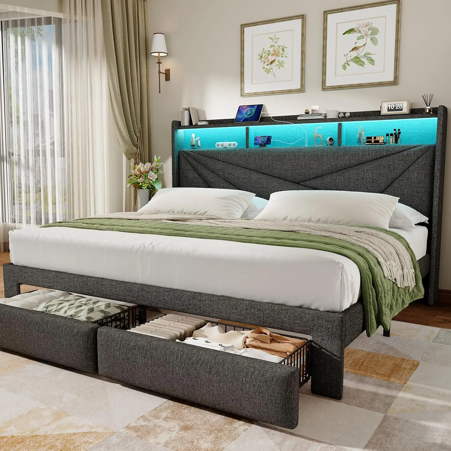 

Кровать размера King Size с изголовьем для хранения вещей, USB-зарядкой, LED-подсветкой и выдвижными ящиками - простая сборка, цвет: темно-серый