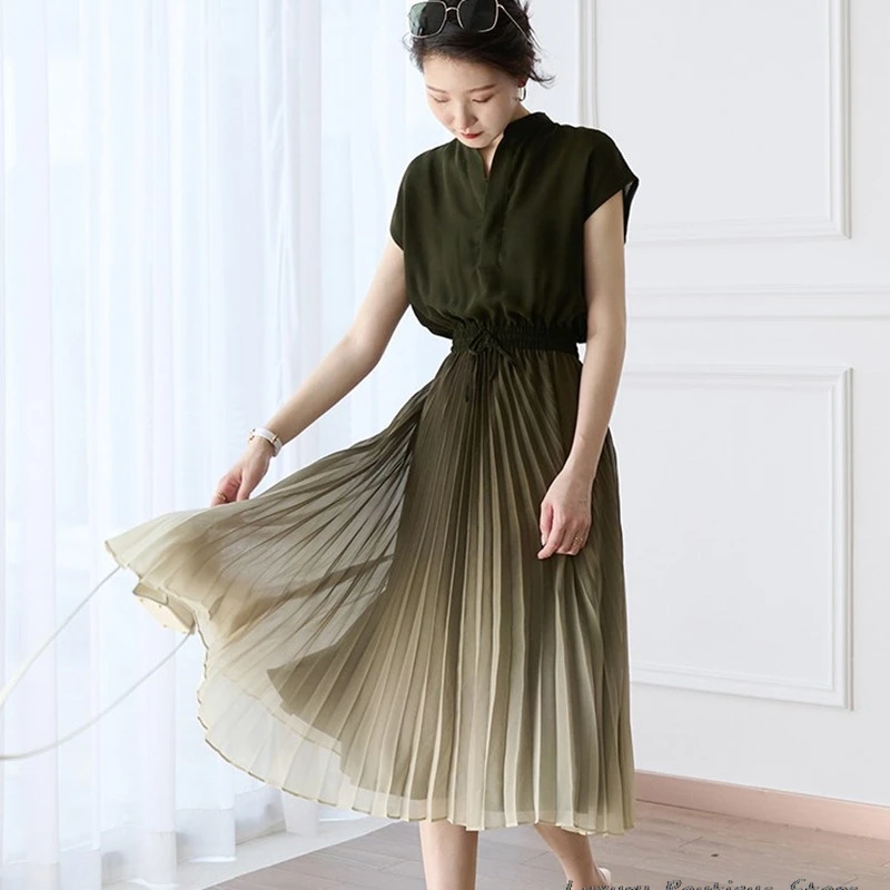 Gradient Elegant A-line Pleat Long Dress Short Sleeve V-neck Drawstring Casual Summer Women Dresses New Trendy Female Clothing