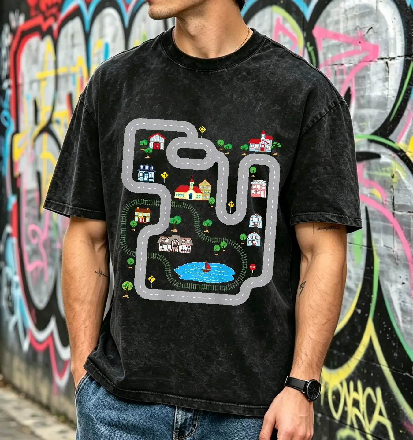 washed T Shirt Playmat Train Car Race Track On Back Road S 5XL vintage Washed Unisex homme Soft fashion Breathable