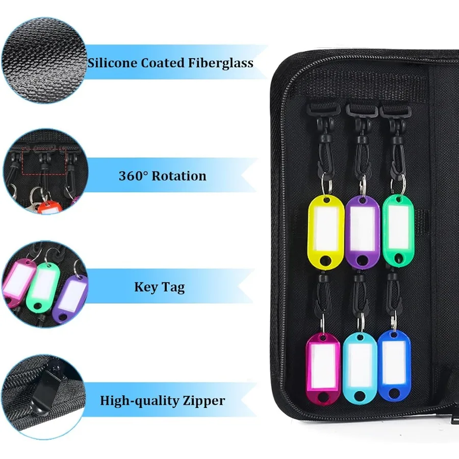 Портативный органайзер для ключей на молнии с огнестойким водонепроницаемым дизайном с 12 крючками для ключей и бирками для эффективного управления ключами i