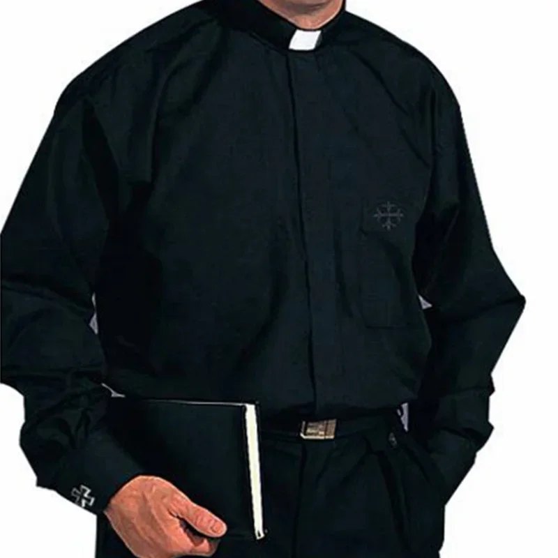 Priest Mens Clergy Shirt Anglican Pastor Roman Priest Collars Minister Preacher Tops Costume