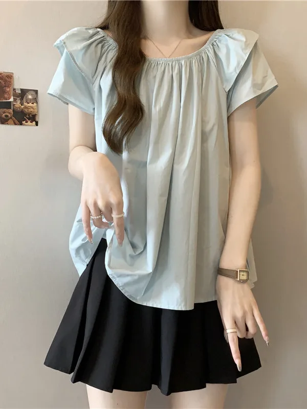 

plus Size Women's irt Summer Slimming Fly Sve Chiffon Top Cover Belly Princ Sle Loose Fit ort Sve round Ne