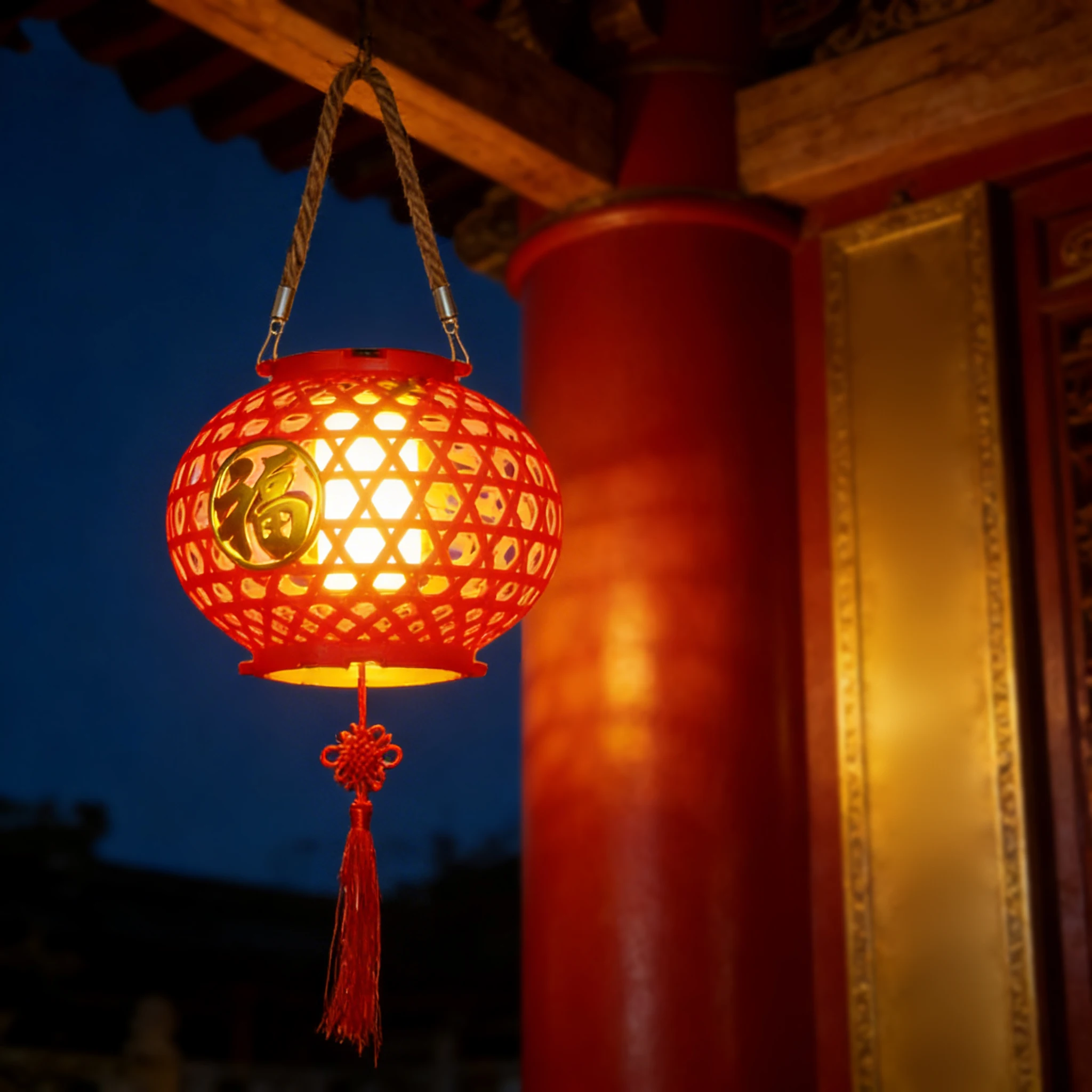 Solar Fu Red Lantern Light, Traditional Chinese Style LED Hanging Lamp for Festival, Garden Decor