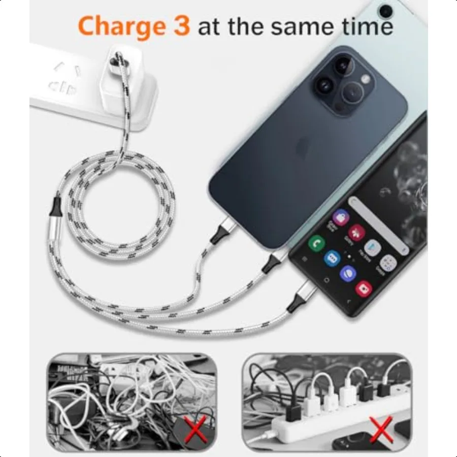 Cable de carga múltiple, paquete de 3 cables de cargador múltiple de 5 pies, adaptador de cable de carga Universal 3 en 1 trenzado de nailon con USB múltiple con tipo C