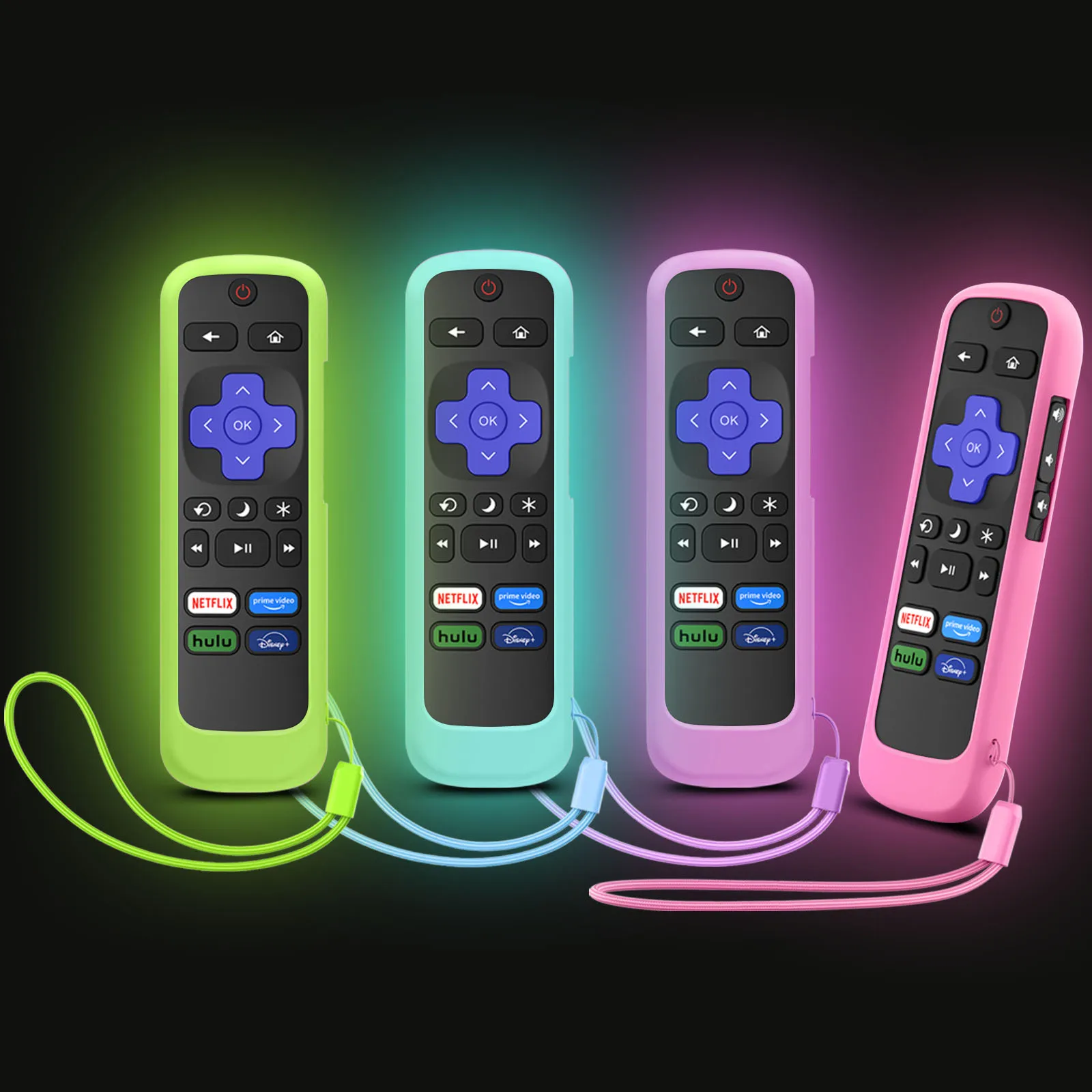 4Pcs/lot Silicone Luminous Protective Case With Rope For TCL Hisense Roku TV Remote Control Protective Cover Shell With Lanyard
