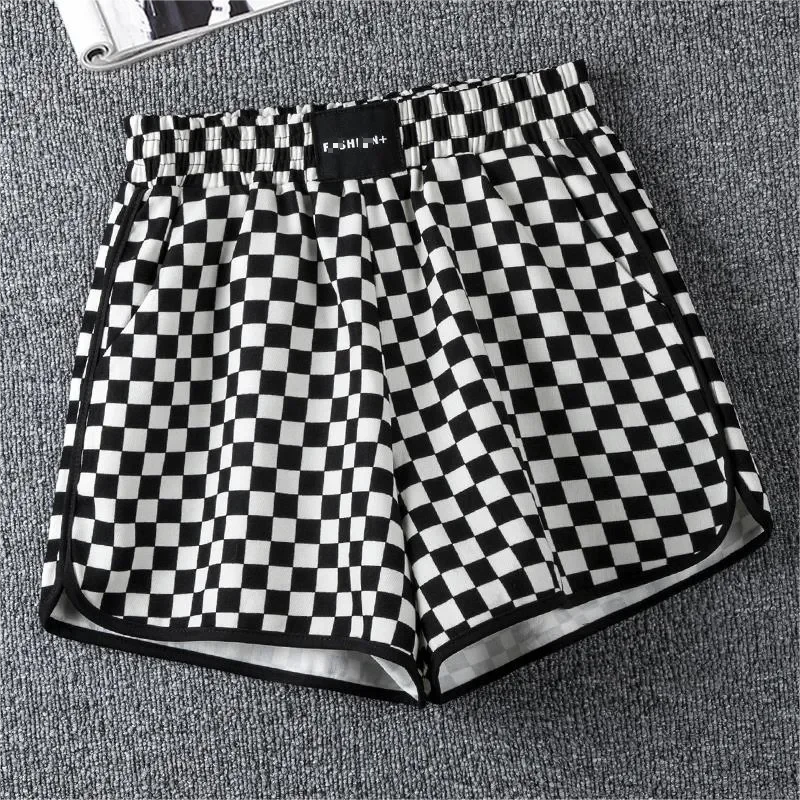 

Korean Fashion Elastic High Waist checkerboard Shorts Women's Clothing Summer All-match Loose Wide Leg Spliced Shorts For Female