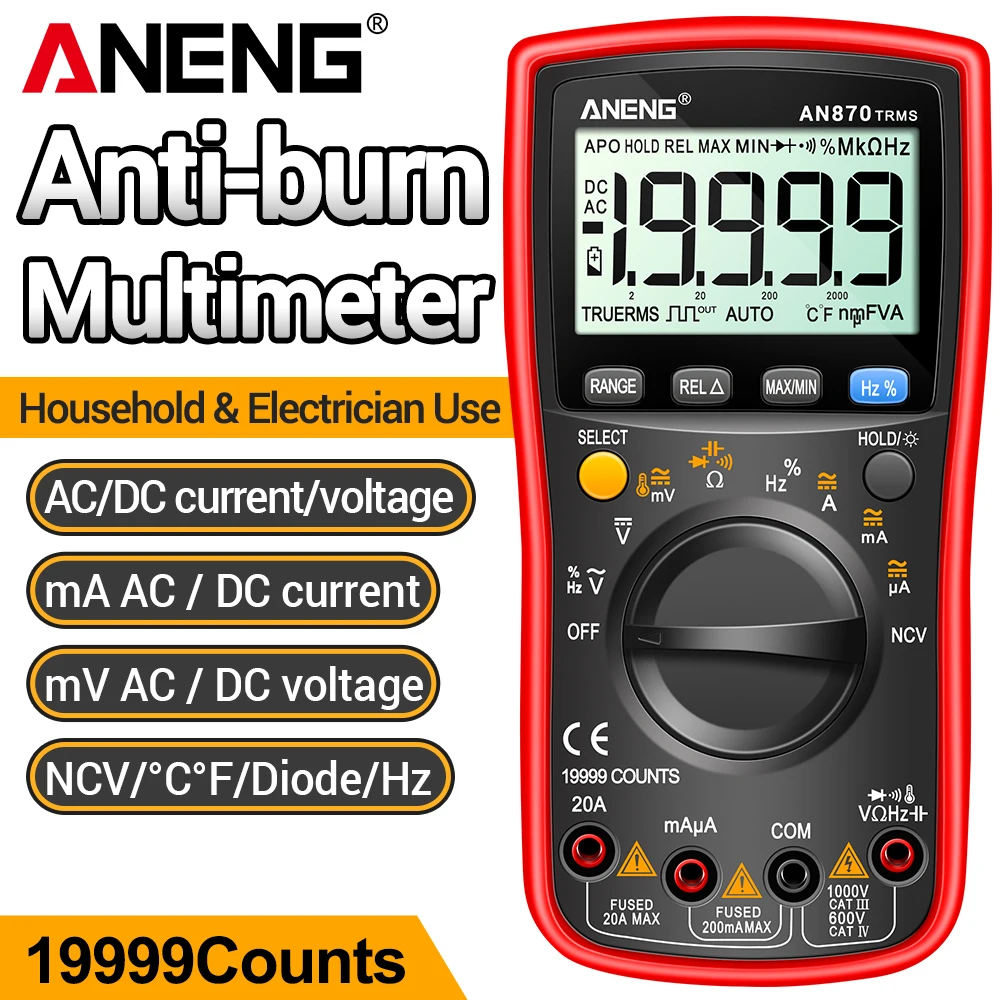 Smart Digital Multimeter NCV 19999 Count AC/DC Voltage Current Mini Profesional Test ANENG AN870 Resistance Capacitance Ohm Tool