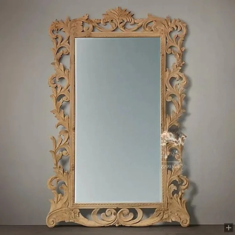Solid Wood Carving Flower Dressing Floor Mirror French Retro Old Fitting Mirror