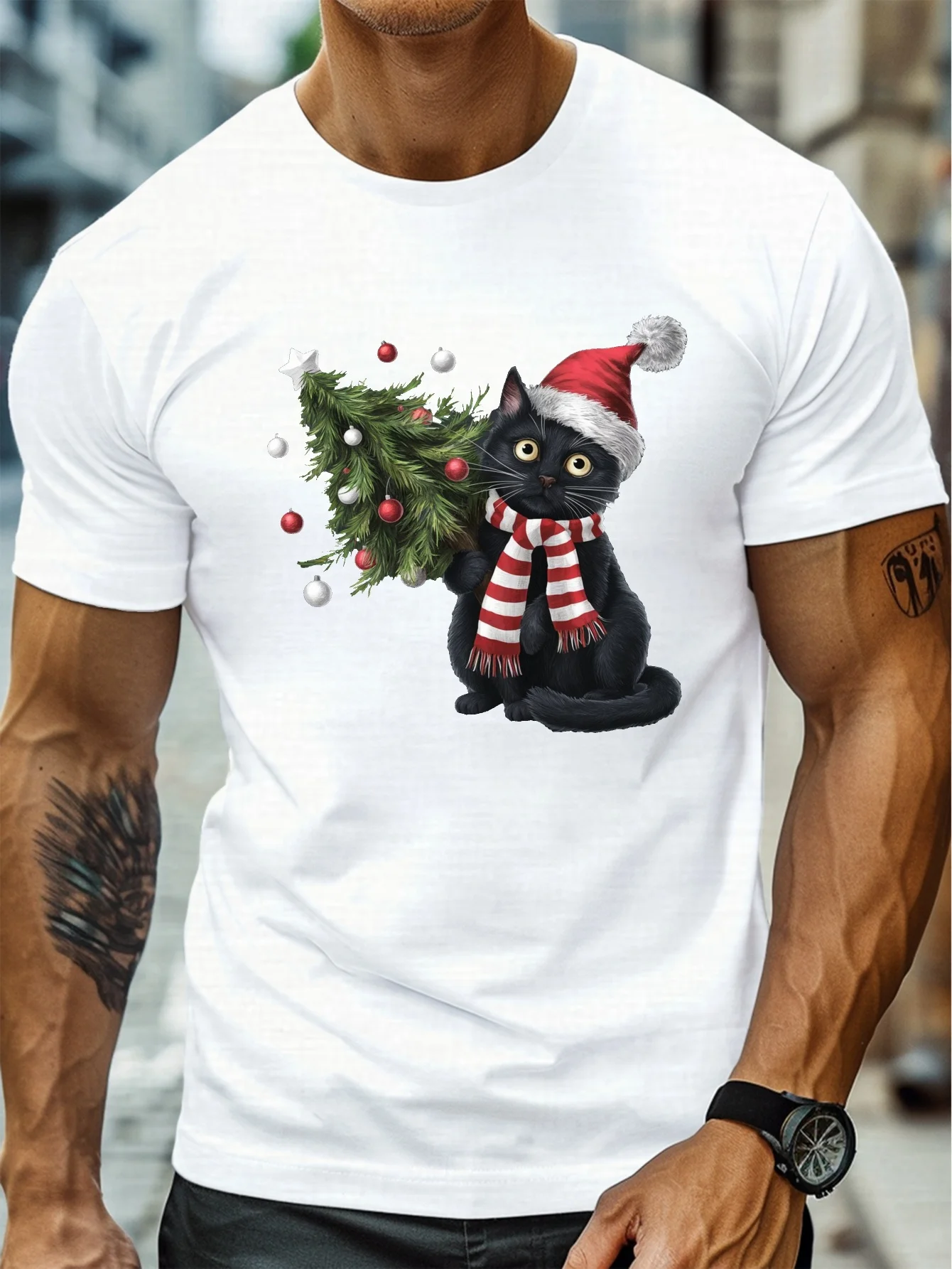

Men's casual round-neck T-shirt, a light and comfortable summer T-shirt with black cat and Christmas tree prints