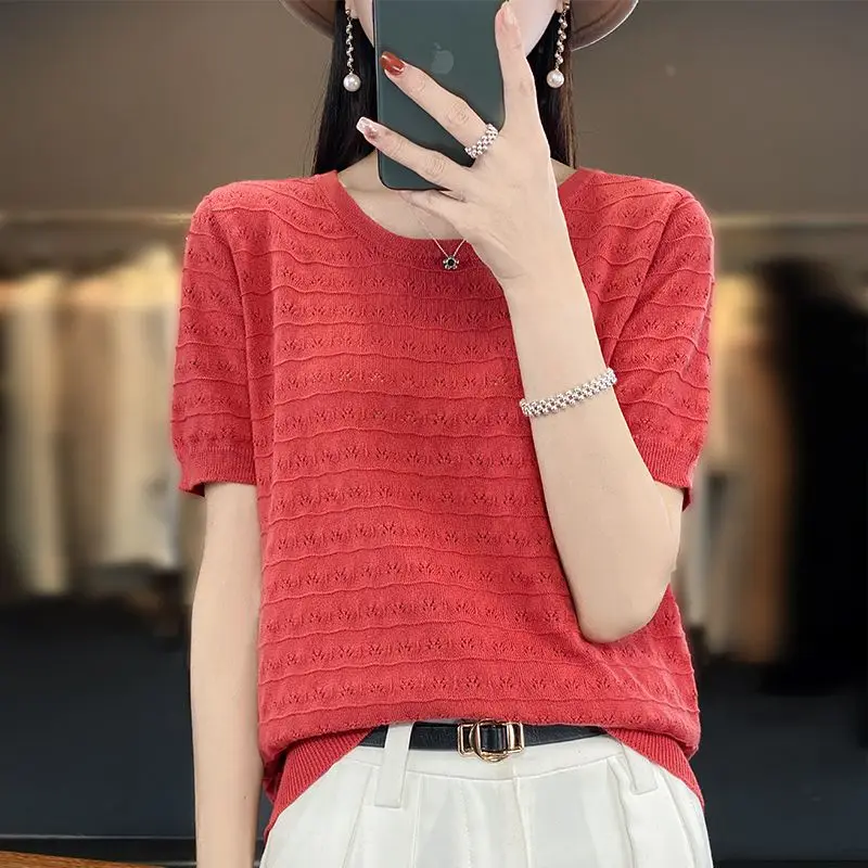 Korean Office Lady Summer T-Shirts Women\'s Solid Color Round Neck Ice Silk Screw Thread Chic Casual Short Sleeve Loose Knit Tops