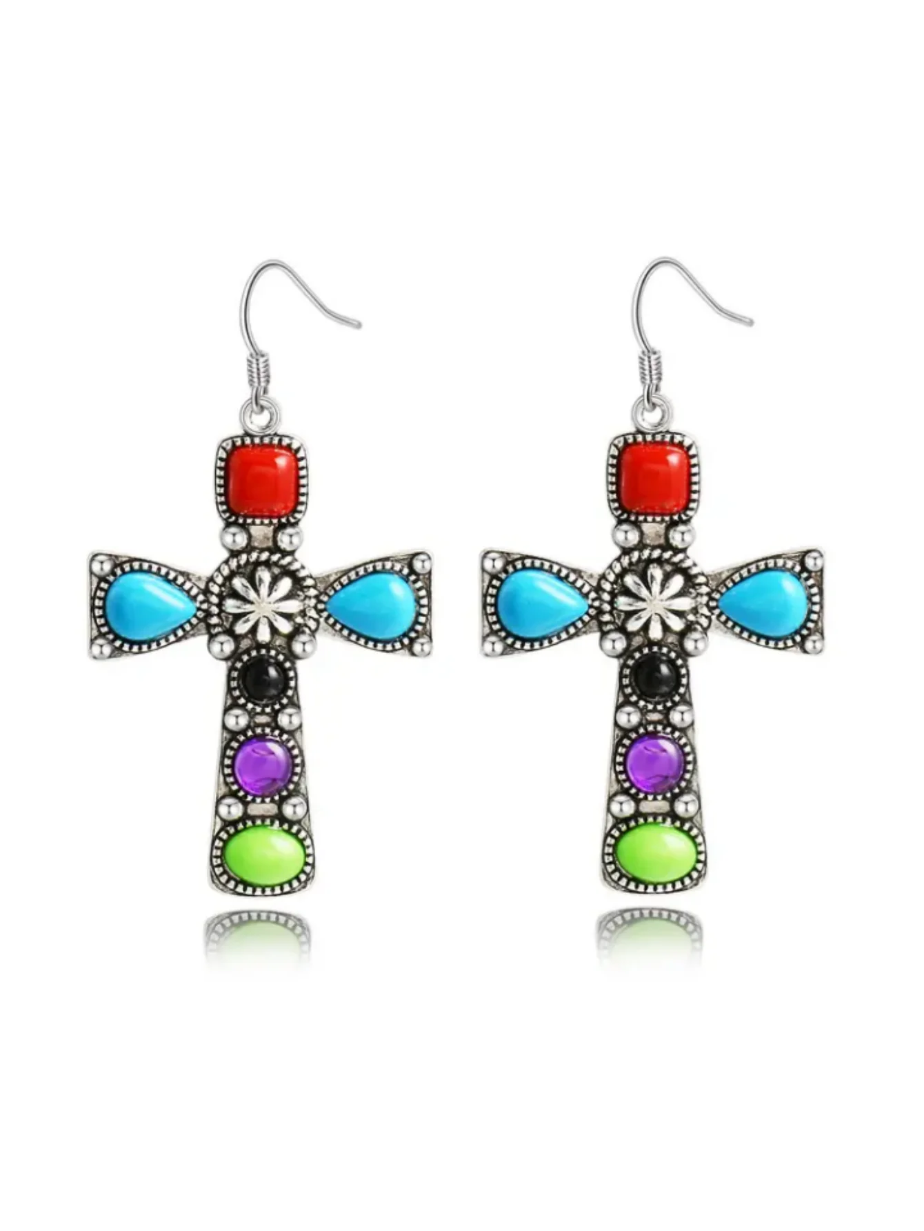 A Pair of Creative Retro Chic Bohemian Cross Metal Sculpted Pattern Colored Gems UFO Alien Spaceship Pendant Earrings