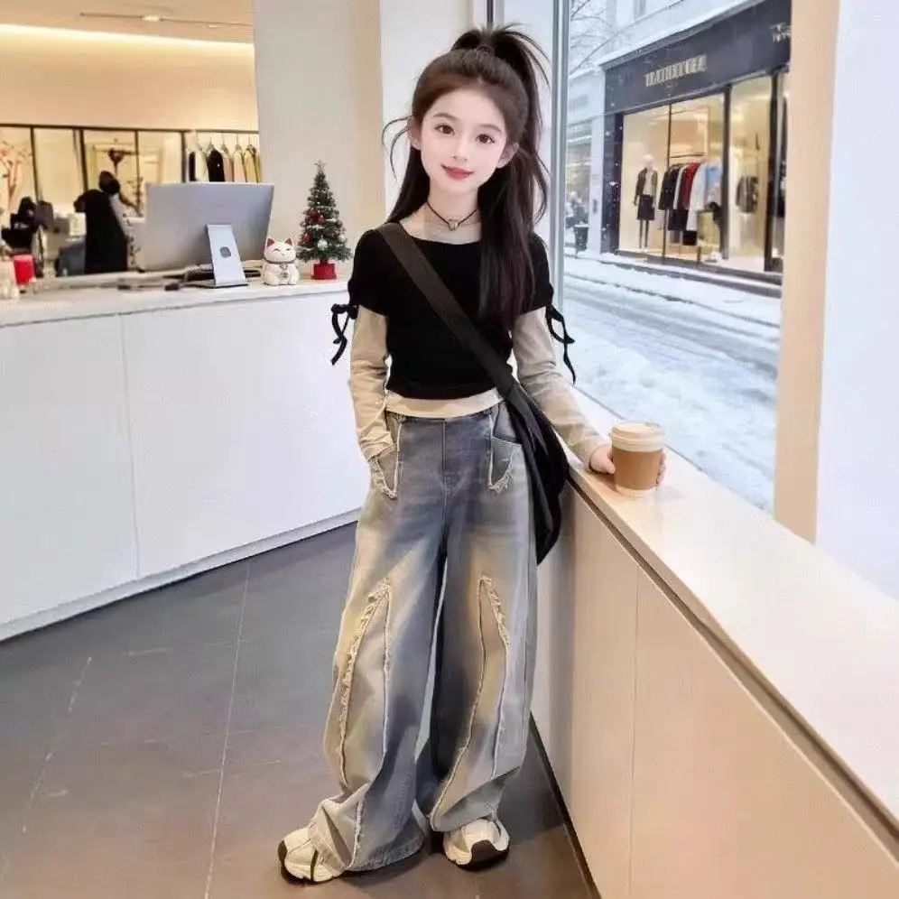 1pc 2026 Spring Summer Child Teenager Girls Clothes False Two-piece Slim Sweatshirt T-shirt Patchwork Top 4 8 9 10 12 Year