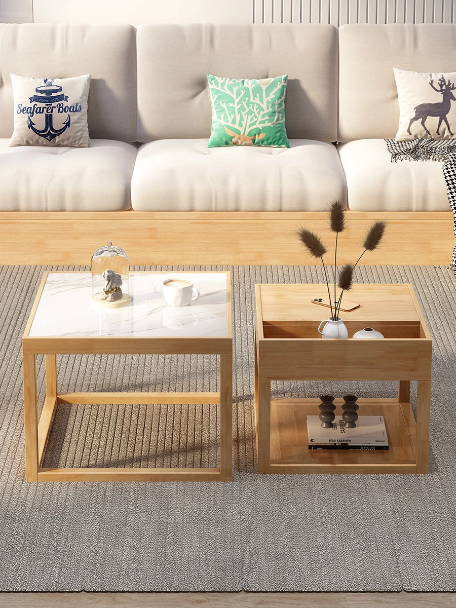 Table Basse Carrée Rétractable Simple, Petite Table de Salon, Canapé d'Appoint, Rangement, Petite Unité, Style Nordique