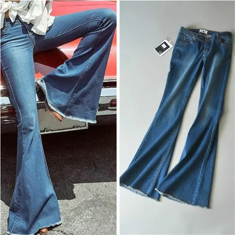 

Full Length Denim Flared Pants High Waist Solid Loose Fit Pockets Casual Trousers Summer 2024 Wash Basics Zipper Fly Flat