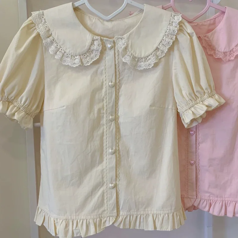 Sommer Japanische Kawaii Lolita Shirts Frauen Süße Puff Kurzarm Spitze Rüschen Schlank Blusen Mädchen Nette Y2k Kleidung Tops Blusas