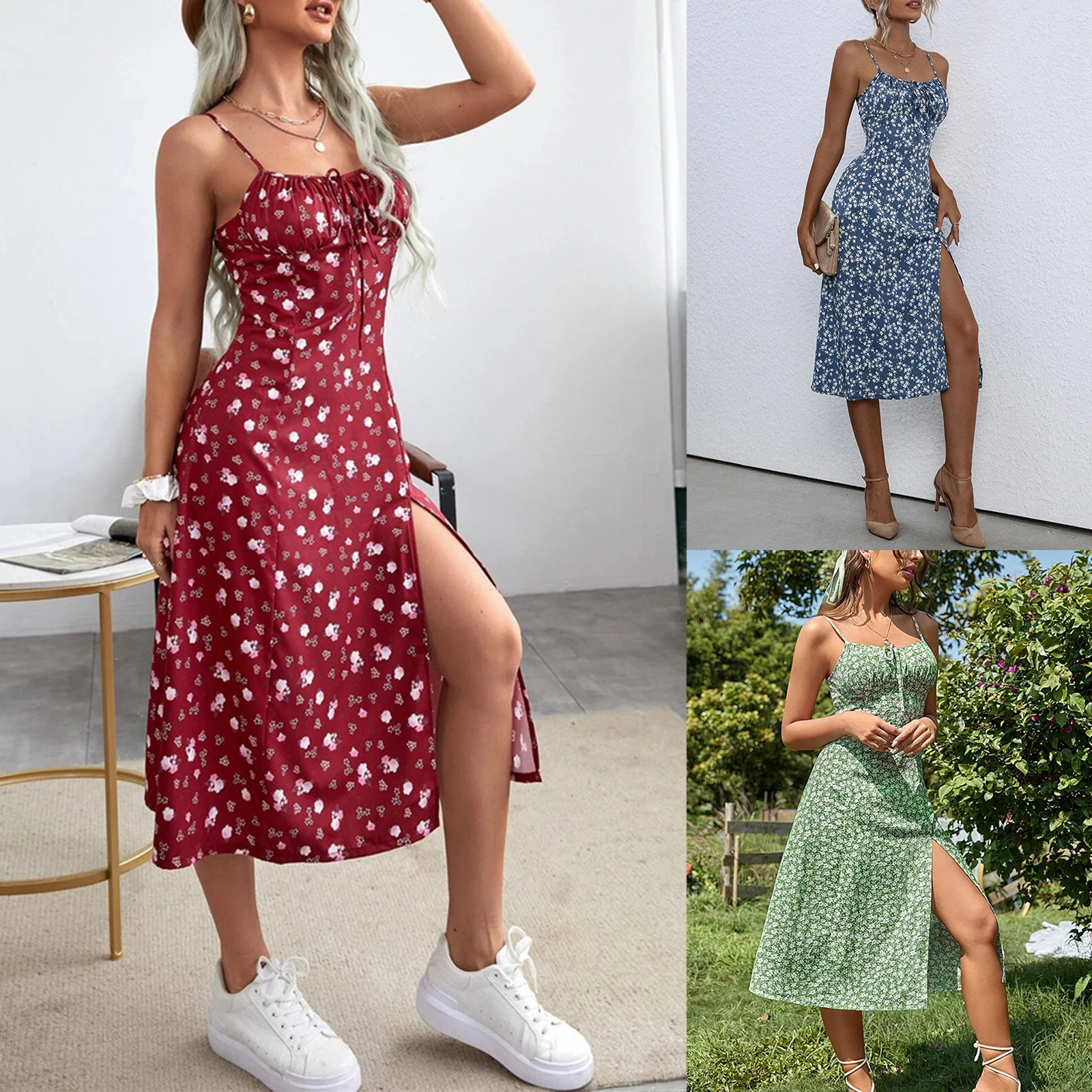 Women's Clothing Summer 2024 Trend Floral Dress, Flower Print Spaghetti Strap Sleeveless  with High Slit for Ladies