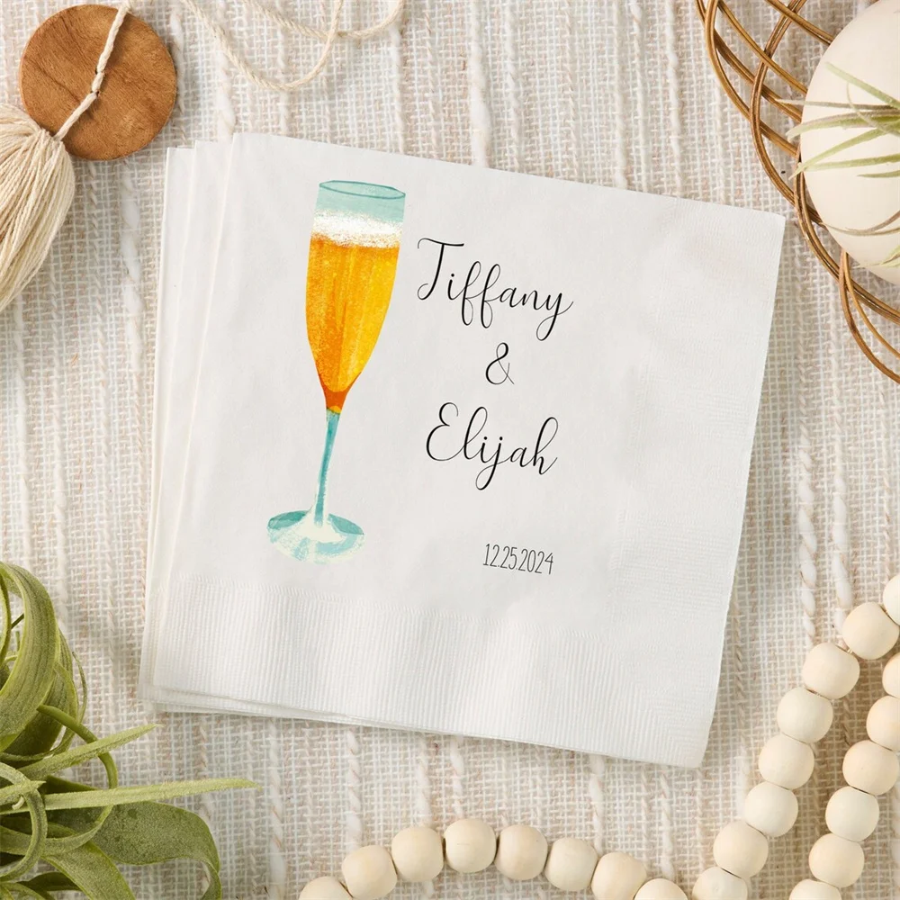 50PCS Personalized Champagne Glass Cocktail Napkins • Custom Engagement Party Napkins • Wedding Reception • Rehearsal Dinner • M