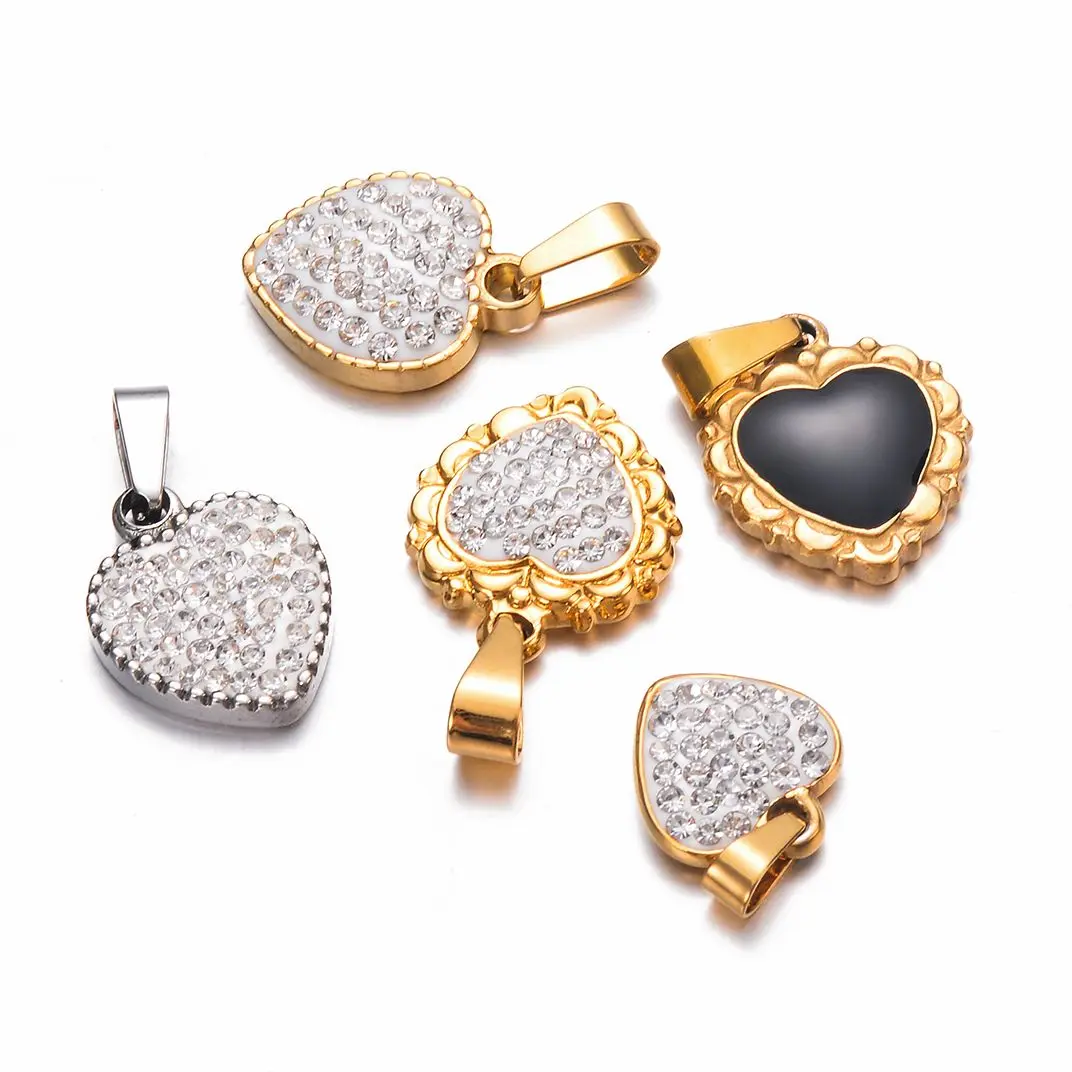 5Pcs Golden Stainless Steel Heart-shaped Pendant DIY Cubic Zirconia Charm for Women Jewelry Making Bracelet Necklace Supplies