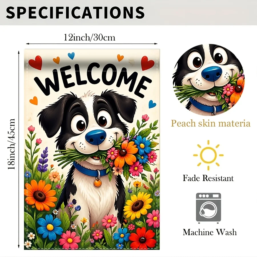 2D Flat, 2D-1pc 2d Printed Garden Flag 12*18in Cute Dog Holding Flowers Peach Skin Double-sided Welcome Flag Courtyard Porch Home Decoration Pumpkin Garden Flag Outdoor Decoration Popular Latest.