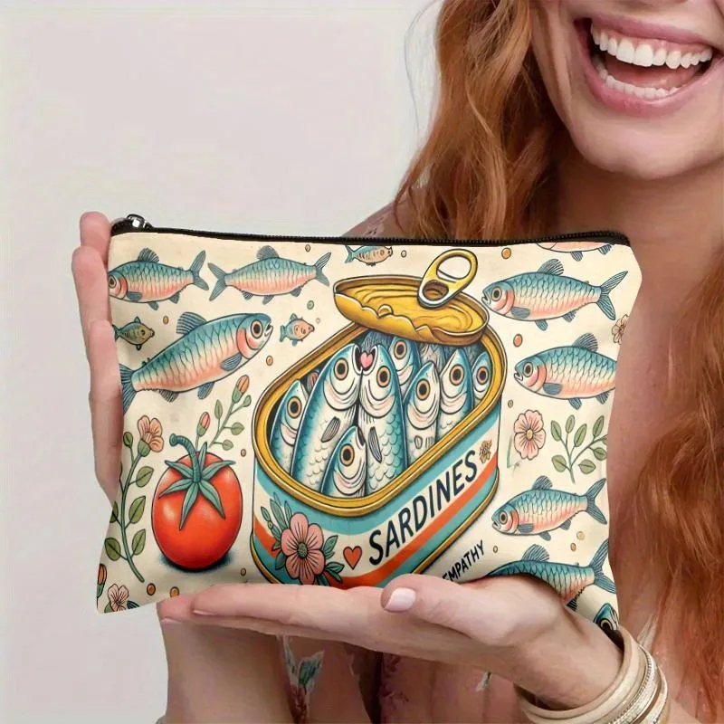 حقائب مستحضرات التجميل كلاسيكية من سردين، حقيبة تنظيم السفر، حقيبة مكياج بسحاب مع رسوم توضيحية من السردين، حقيبة أدوات الزينة القابلة للطي #5