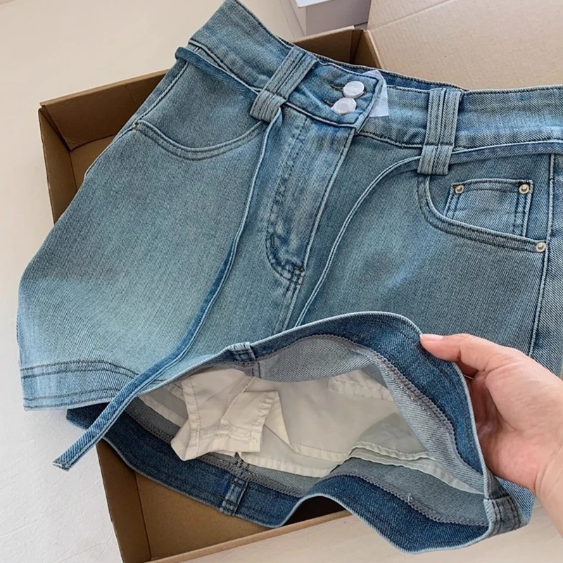 

Джинсовая юбка в американском стиле в стиле ретро на шнурке для женщин, летние универсальные юбки трапециевидной формы с высокой талией и запахом, женская утягивающая короткая юбка