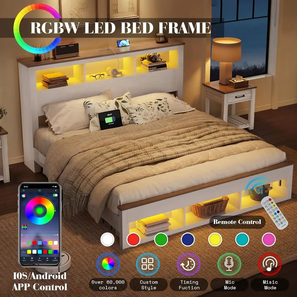 سرير تخزين بحجم كوين مع خزانة كتب ولوح للقدمين ودعم شريحة خشبية - إضاءة LED بدون ضوضاء، لا يتطلب صندوق زنبركي، أبيض #5