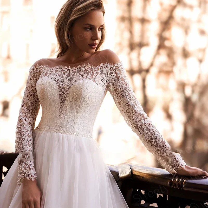 Vestido De novia Vintage De Organza con encaje bordado, Vestido De baile con cuello barco, Vestido De novia De manga larga con botón trasero, Vestido De Casamento