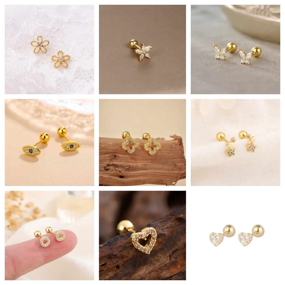 IFYOUOO 2Pcs Fashionable and Minimalist Gold Series Multiple Shape Stud Earrings Flower Star Butterfly Eyes Elegant Jewelry