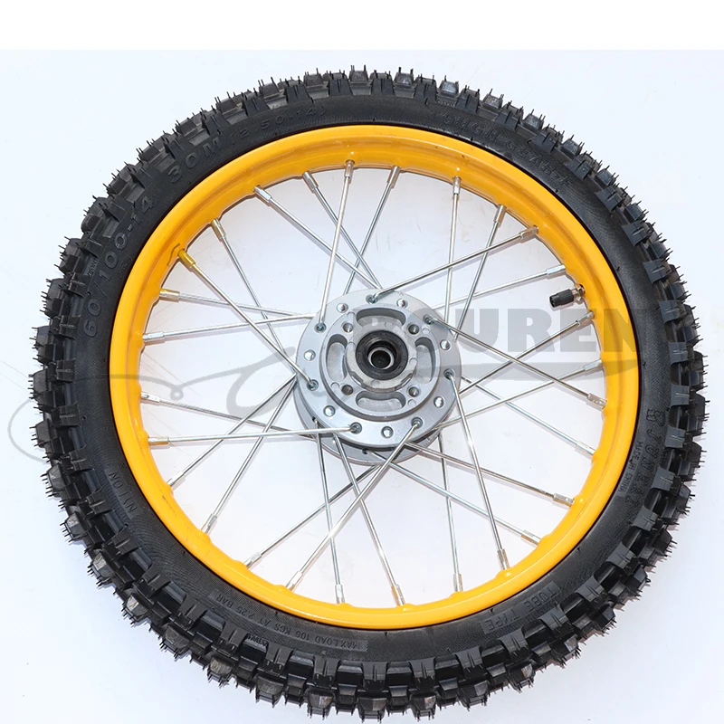 

Front 12mm For Pit Bike wheels GuangLi 60/100-14 Tyre Aluminum Alloy Rims with 32 holes spokeCRF PRO KLX YZF 110cc