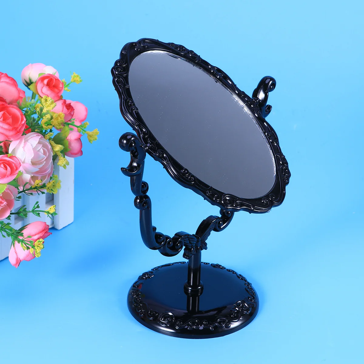 Espelho de mesa giratório vintage em relevo rosa, espelho de maquiagem de alta definição, base antiderrapante para vestir e barbear