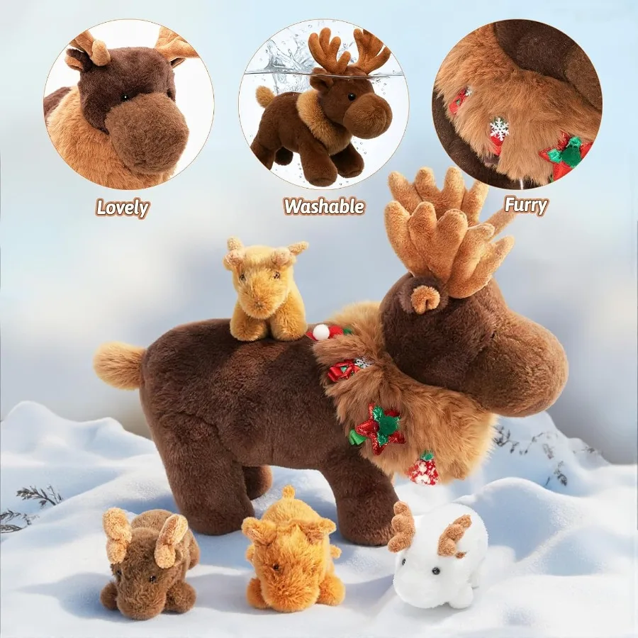 ชุดตุ๊กตาแม่กวางมูสและลูกกวาง 4 ตัว ขนาดใหญ่ 14.5 นิ้ว ของเล่นกวางคริสต์มาสเนื้อนุ่ม สีน้ำตาลครีม เหมาะสำหรับเด็กวัยเตาะแตะ