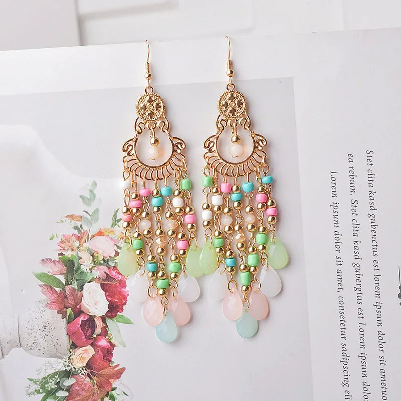 Böhmische lange Acryl-Wassertropfen-Quasten-Ohrringe für Frauen, ethnische mehrfarbige Perlen, Tropfenöl, handgefertigte baumelnde Ohrringe, Boho-Schmuck – Detail 6
