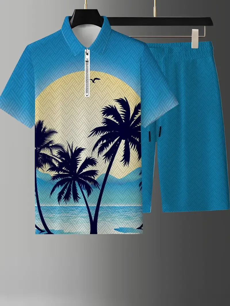 Zipper Polo Set Men's 3D Printed Coconut Tree Landscape Zipper POLO Shirt + Shorts 2-piece Fashion Casual Oversized Men's Wear