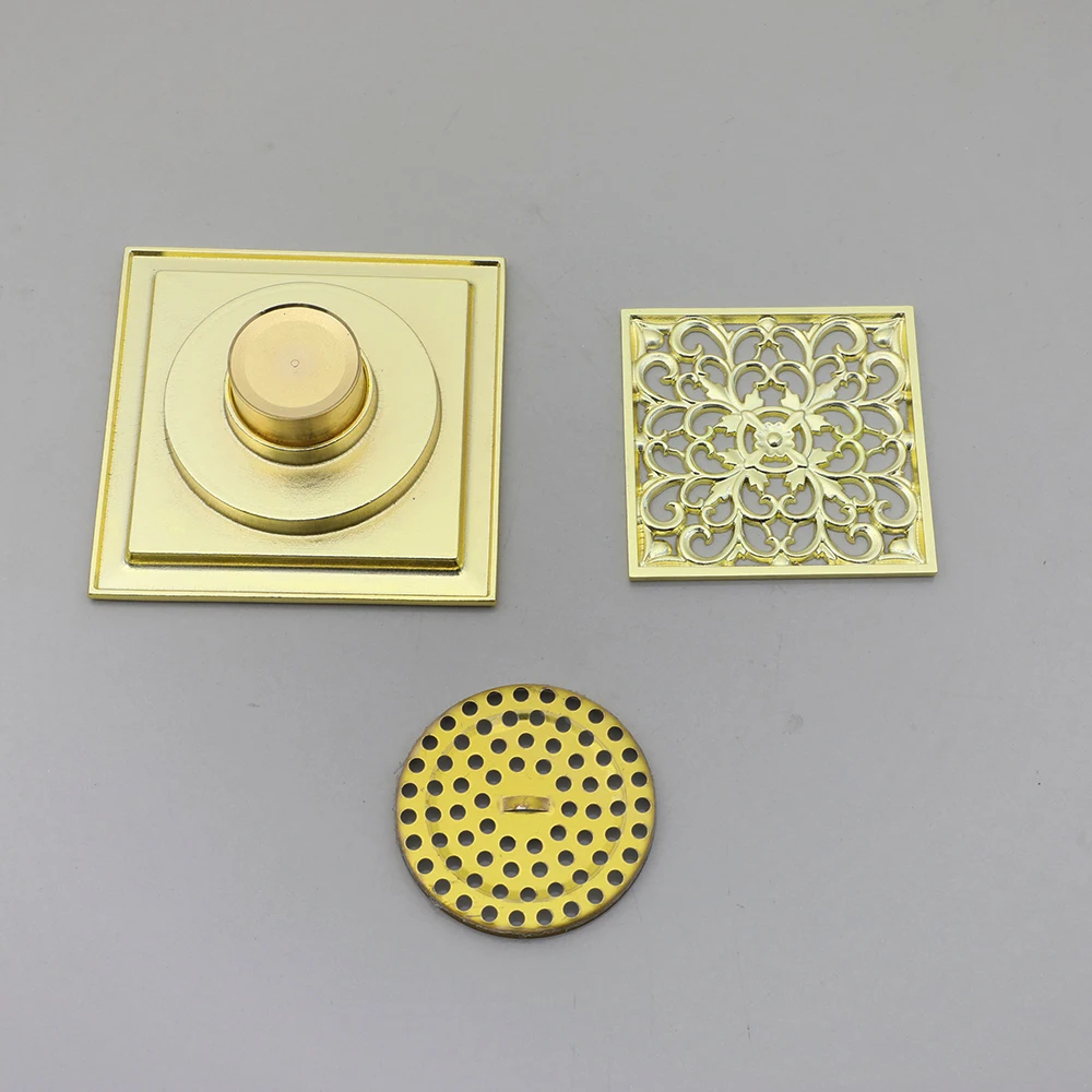Torayvino Bathroom Drain Gold Stainless Steel Square Shower Drain With Flange Removable Grid Cover Hair Strainer Floor Mounted