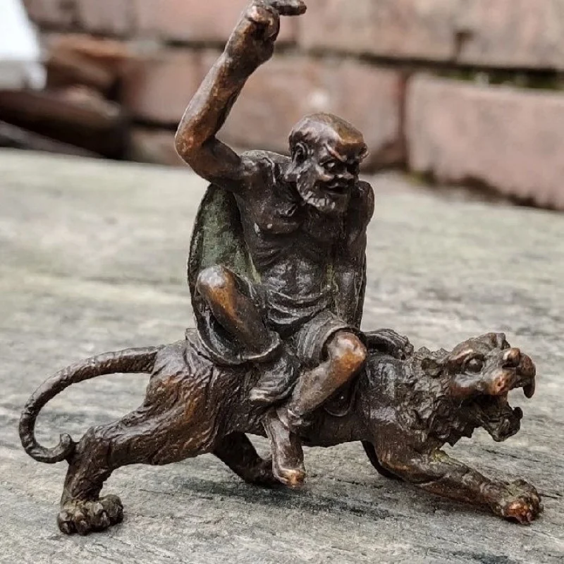 Antique Solid Daruma Figurine: Daruma Sitting on a Tiger, Tabletop Ornament for Tea Ceremony, Small Daruma Statue