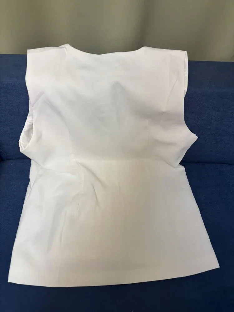 Pop ภาษาฝรั่งเศสคํา Elegant แฟชั่นสีขาวชุดเสื้อกั๊กผู้หญิงฤดูร้อนเอวสูงหรูหรา Slim แขนกุด All-Match Coat Office Lady ผ้า