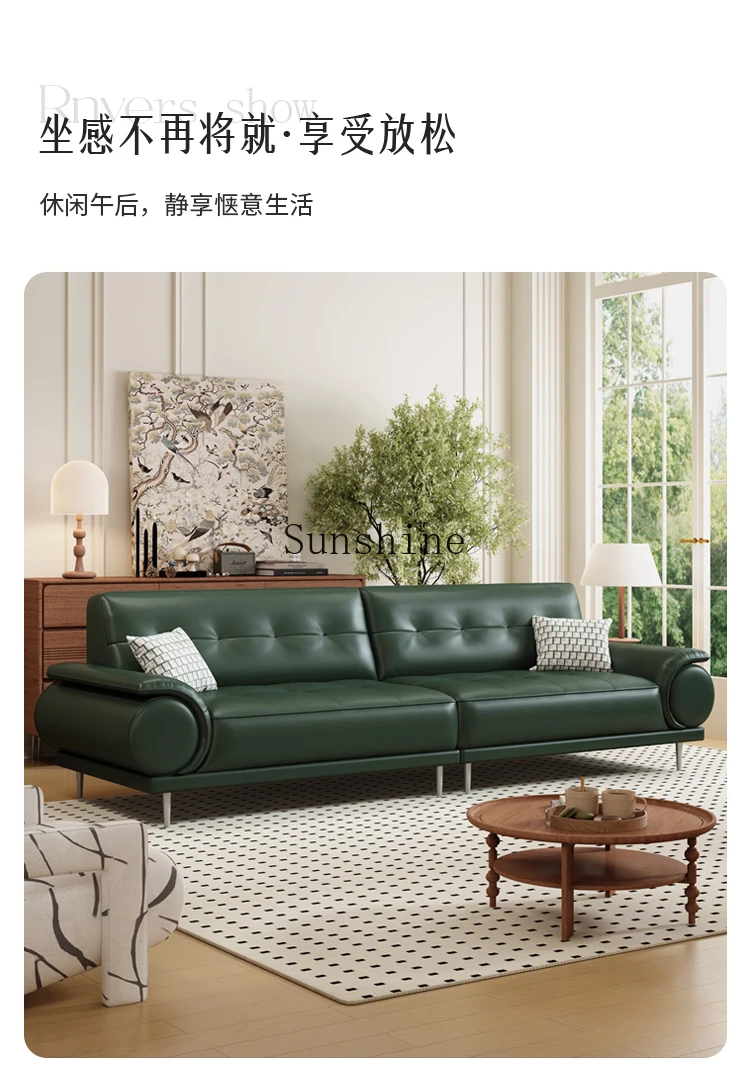 Dark green leather French sofa living room retro first-layer cowhide high-footed straight-row sofa