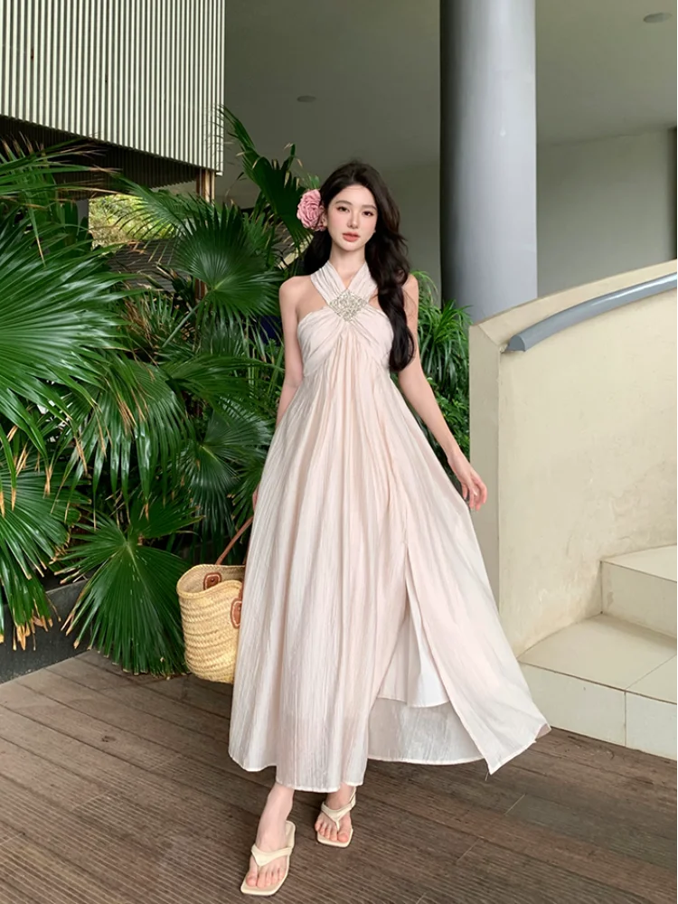 Sexy Halter Pink Long Dresses for Women New Summer Holiday Beach Dress Split Sleeveless Korean Fashion Prom Robe Vestidos Mujer