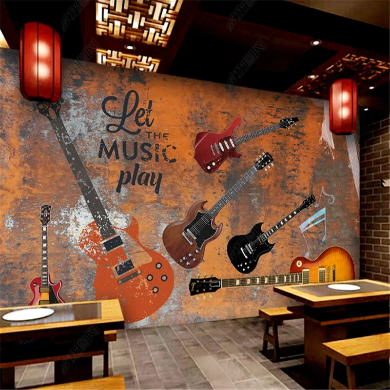 European Modern WallPaper Industrial decoration Metal Electric Guitar Bar Restaurant Background Mural Wall Paper papel de parede