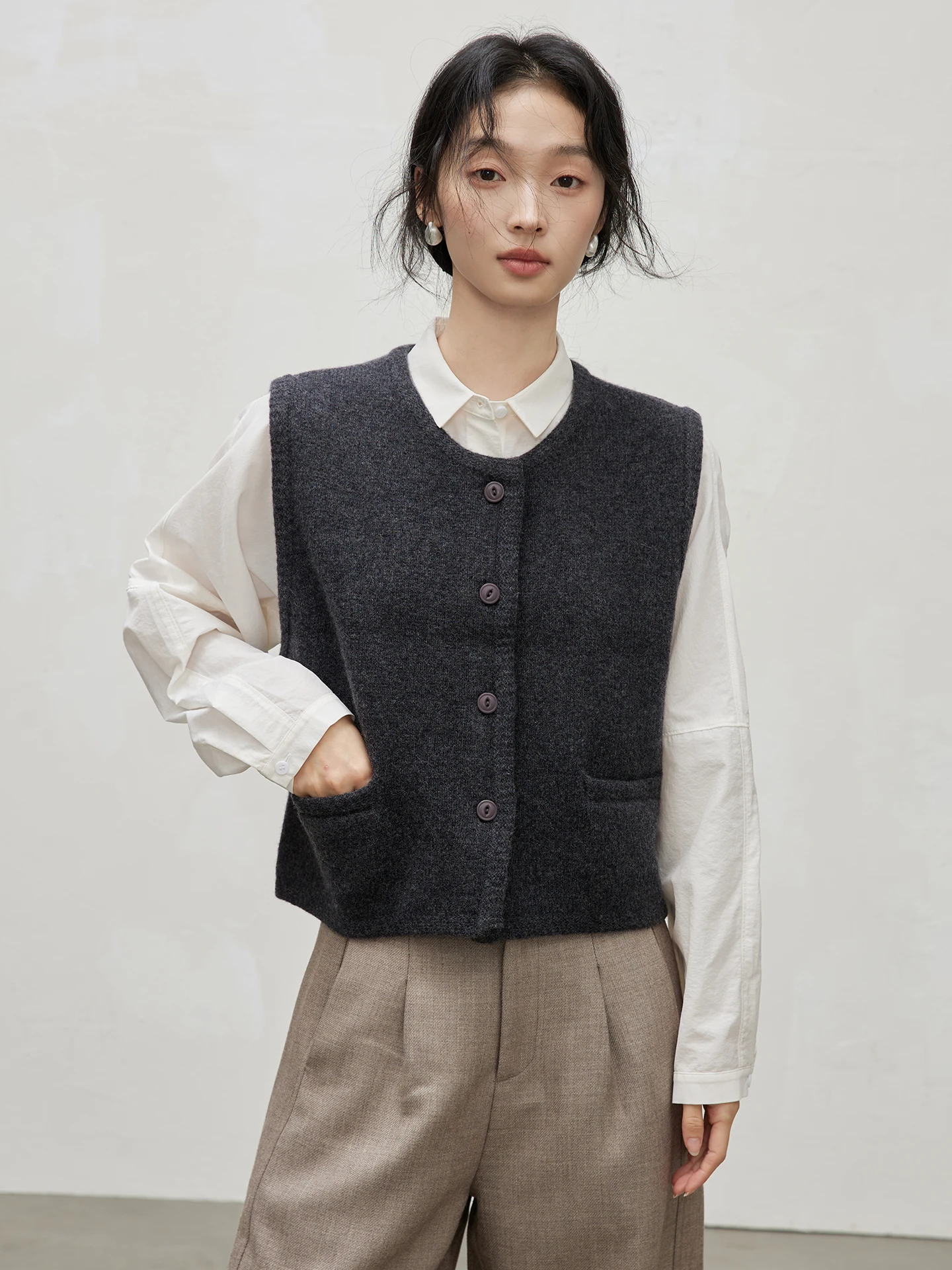 

Faionable круглый вязаный шерстяной жилет Ne, женский свитер, жилет или Sle на одной пуговице, однотонный, для поездок на работу, ранняя осень...