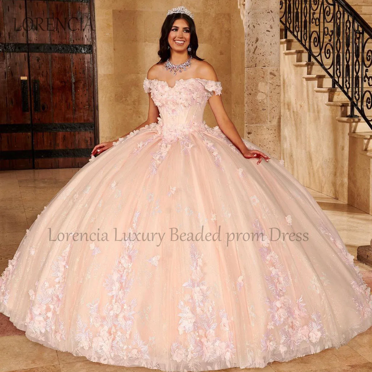 

Exquisite Pink Quinceanera Dress Applique Crystal Beads Corset Off The Shoulder Ball Gown Sweet 16 Dress Vestidos De XV Anos